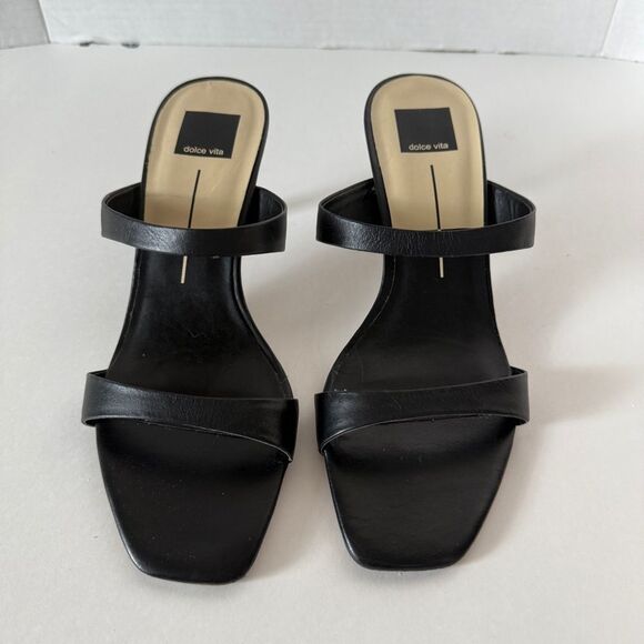 Dolce Vita Women’s Genora Black Leather Heels Square Toe Slide Sandals Size 9.5 - Picture 4 of 8